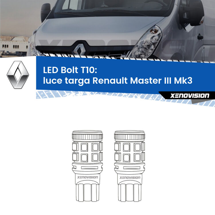 0 Luce Targa LED Renault Master III Mk3 2010 in poi: T10 Bolt <strong>Luce Targa LED per Renault Master III</strong> Mk3 2010 in poi. Coppia lampade <strong>T10</strong> modello Bolt canbus.