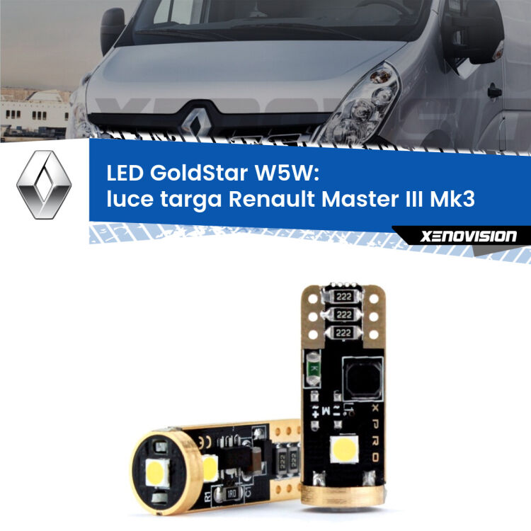 0 Luce Targa LED Renault Master III Mk3 2010 in poi: T10 GoldStar <strong>Luce Targa LED Renault Master III</strong> Mk3 2010 in poi: ottima luminosità a 360 gradi. Si inseriscono ovunque. Canbus, Top Quality.