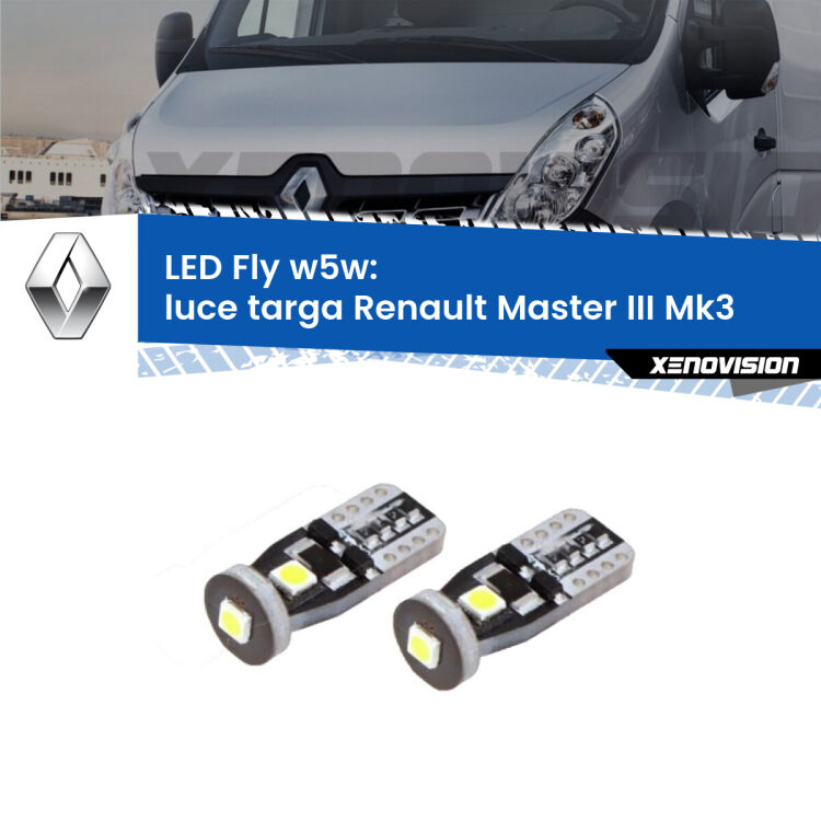 0 Luce Targa LED Renault Master III Mk3 2010 in poi: W5W Fly <strong>luce targa LED per Renault Master III</strong> Mk3 2010 in poi. Coppia lampadine <strong>w5w</strong> Canbus compatte modello Fly Xenovision.