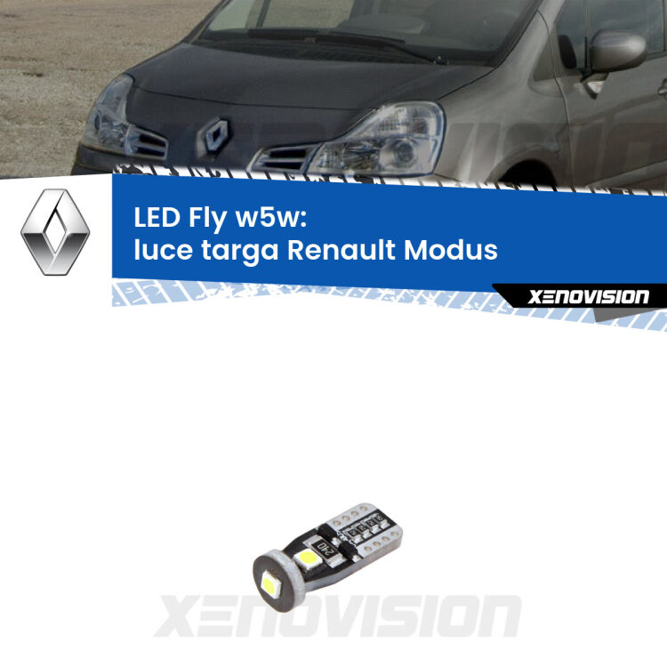<strong>luce targa LED per Renault Modus</strong>  2004 - 2012. Coppia lampadine <strong>w5w</strong> Canbus compatte modello Fly Xenovision.