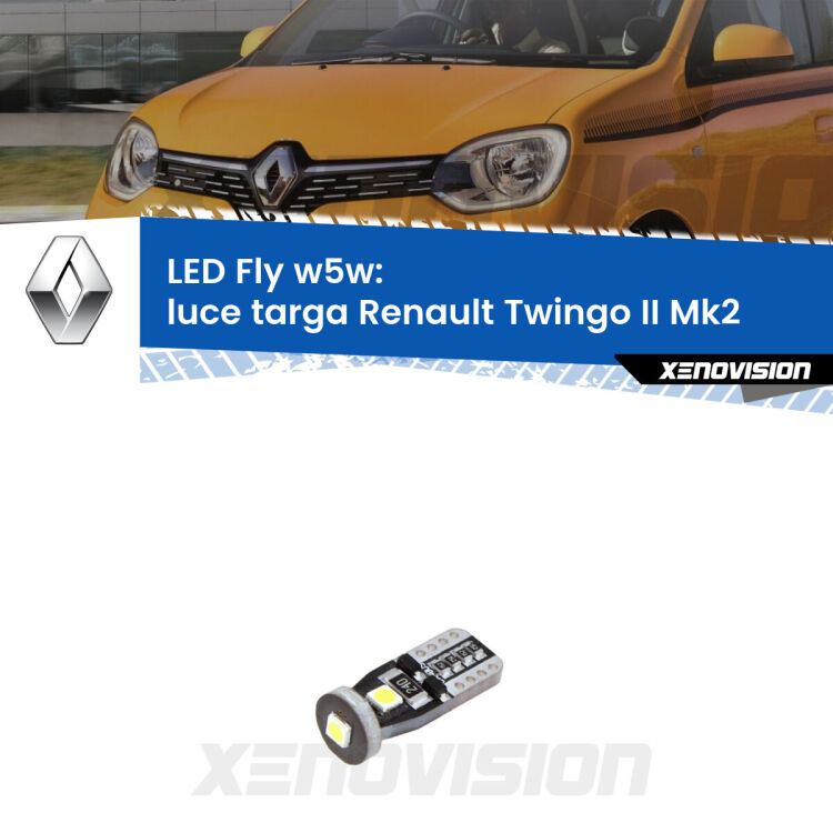 <strong>luce targa LED per Renault Twingo II</strong> Mk2 2007 - 2013. Coppia lampadine <strong>w5w</strong> Canbus compatte modello Fly Xenovision.