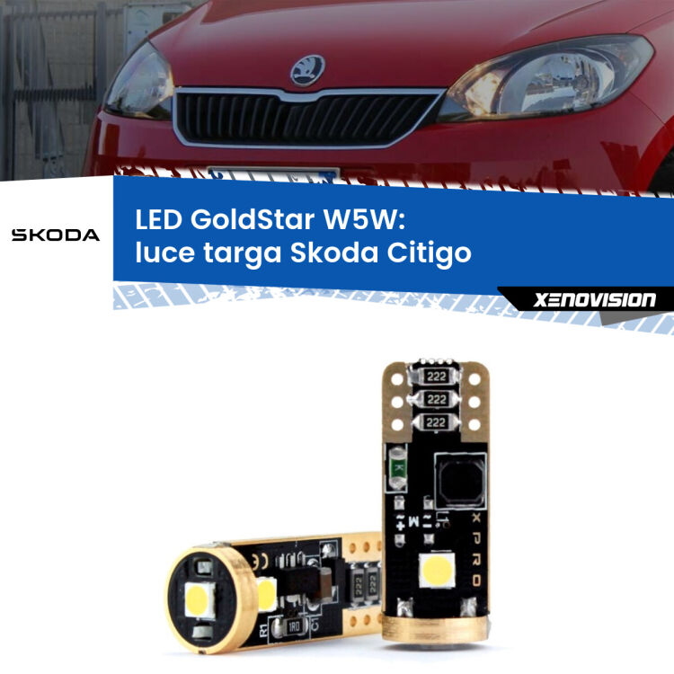 0 Luce Targa LED Skoda Citigo  2011 in poi: T10 GoldStar <strong>Luce Targa LED Skoda Citigo</strong>  2011 in poi: ottima luminosità a 360 gradi. Si inseriscono ovunque. Canbus, Top Quality.