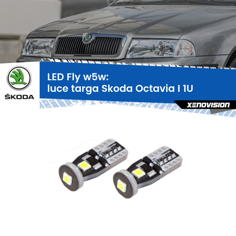 0 Luce Targa LED Skoda Octavia I 1U 1996 - 2010: W5W Fly <strong>luce targa LED per Skoda Octavia I</strong> 1U 1996 - 2010. Coppia lampadine <strong>w5w</strong> Canbus compatte modello Fly Xenovision.