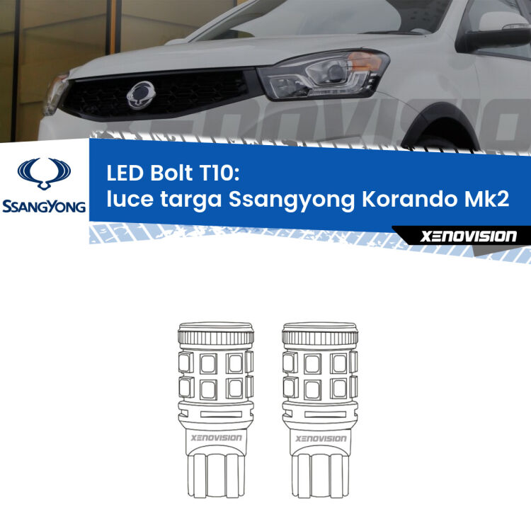0 Luce Targa LED Ssangyong Korando Mk2 1996 - 2006: T10 Bolt <strong>Luce Targa LED per Ssangyong Korando</strong> Mk2 1996 - 2006. Coppia lampade <strong>T10</strong> modello Bolt canbus.