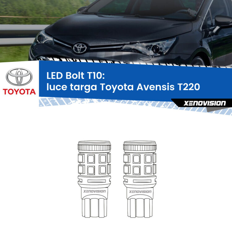0 Luce Targa LED Toyota Avensis T220 1997 - 2003: T10 Bolt <strong>Luce Targa LED per Toyota Avensis</strong> T220 1997 - 2003. Coppia lampade <strong>T10</strong> modello Bolt canbus.