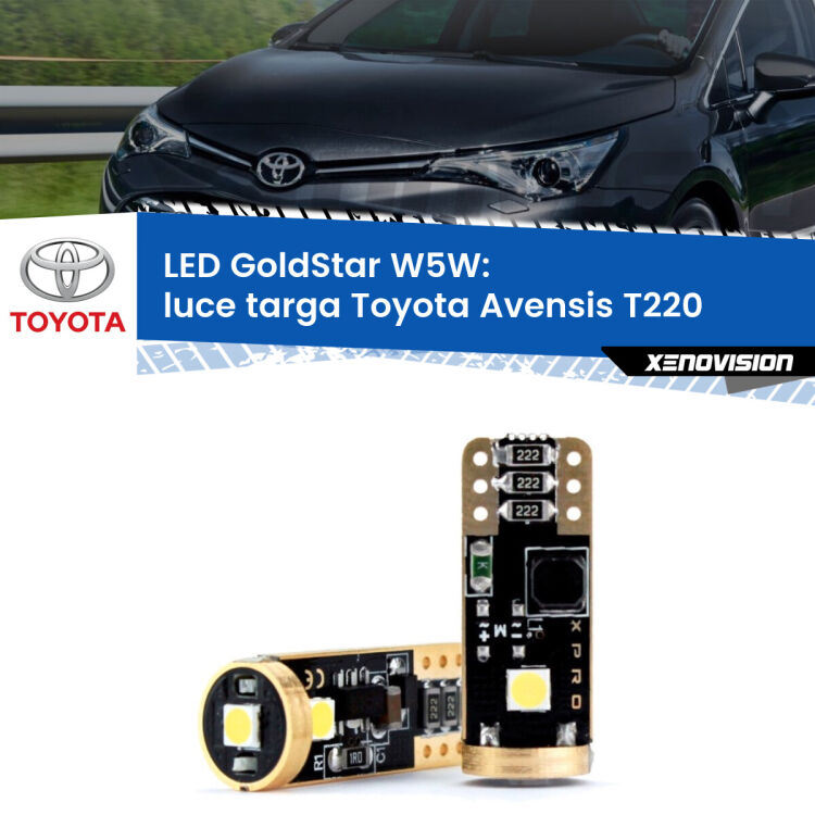 0 Luce Targa LED Toyota Avensis T220 1997 - 2003: T10 GoldStar <strong>Luce Targa LED Toyota Avensis</strong> T220 1997 - 2003: ottima luminosità a 360 gradi. Si inseriscono ovunque. Canbus, Top Quality.