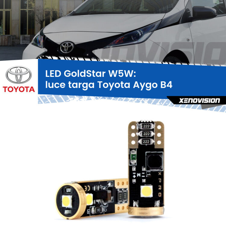 0 Luce Targa LED Toyota Aygo B4 2014 in poi: T10 GoldStar <strong>Luce Targa LED Toyota Aygo</strong> B4 2014 in poi: ottima luminosità a 360 gradi. Si inseriscono ovunque. Canbus, Top Quality.