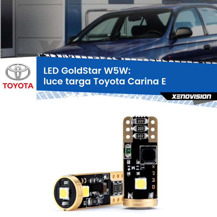 0 Luce Targa LED Toyota Carina E 1992 - 1997: T10 GoldStar <strong>Luce Targa LED Toyota Carina E</strong> 1992 - 1997: ottima luminosità a 360 gradi. Si inseriscono ovunque. Canbus, Top Quality.