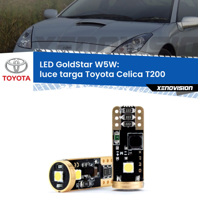 0 Luce Targa LED Toyota Celica T200 1993 - 1999: T10 GoldStar <strong>Luce Targa LED Toyota Celica</strong> T200 1993 - 1999: ottima luminosità a 360 gradi. Si inseriscono ovunque. Canbus, Top Quality.