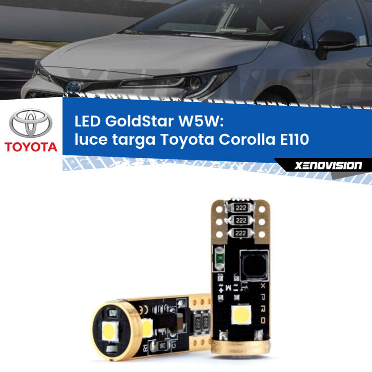 0 Luce Targa LED Toyota Corolla E110 1997 - 2001: T10 GoldStar <strong>Luce Targa LED Toyota Corolla</strong> E110 1997 - 2001: ottima luminosità a 360 gradi. Si inseriscono ovunque. Canbus, Top Quality.