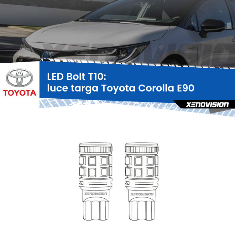0 Luce Targa LED Toyota Corolla E90 1987 - 1993: T10 Bolt <strong>Luce Targa LED per Toyota Corolla</strong> E90 1987 - 1993. Coppia lampade <strong>T10</strong> modello Bolt canbus.