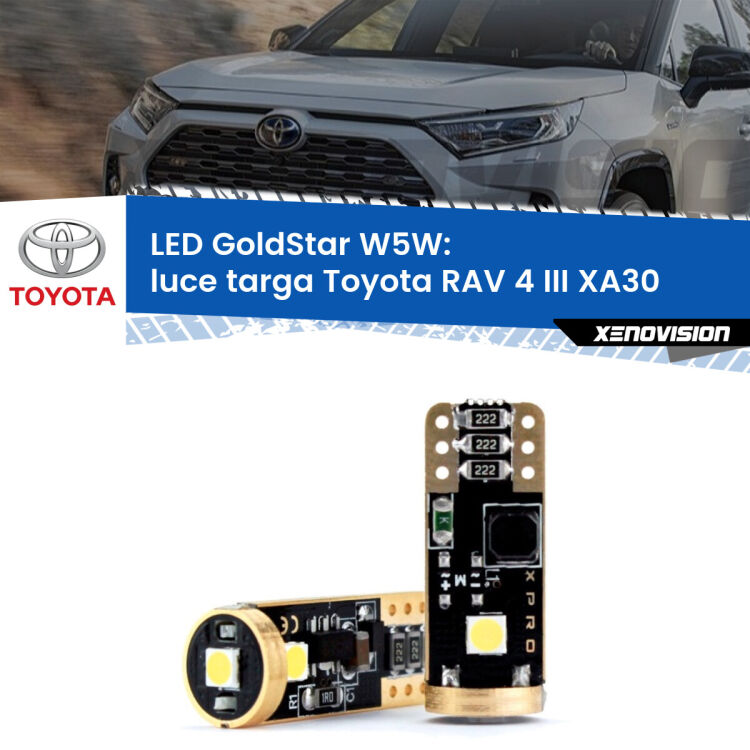 0 Luce Targa LED Toyota RAV 4 III XA30 2005 - 2014: T10 GoldStar <strong>Luce Targa LED Toyota RAV 4 III</strong> XA30 2005 - 2014: ottima luminosità a 360 gradi. Si inseriscono ovunque. Canbus, Top Quality.