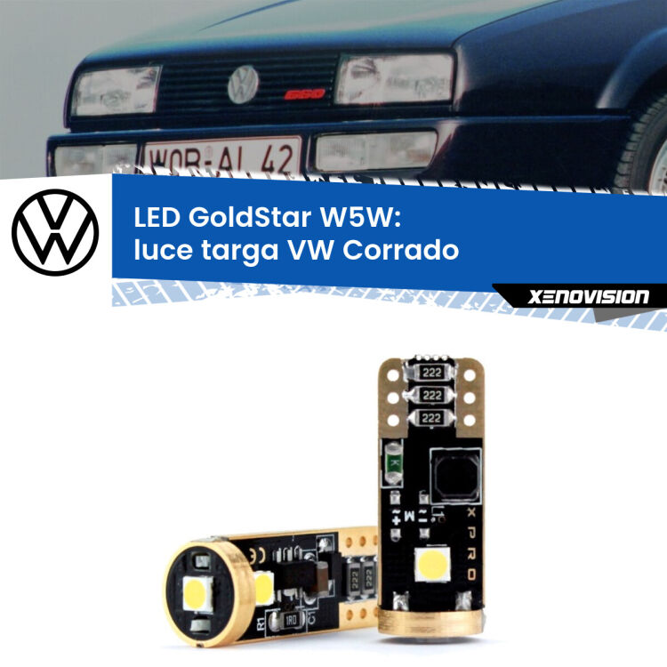 0 Luce Targa LED VW Corrado 1988 - 1995: T10 GoldStar <strong>Luce Targa LED VW Corrado</strong> 1988 - 1995: ottima luminosità a 360 gradi. Si inseriscono ovunque. Canbus, Top Quality.