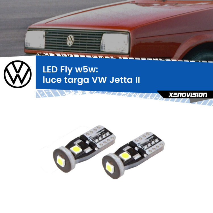 0 Luce Targa LED VW Jetta II 1984 - 1992: W5W Fly <strong>luce targa LED per VW Jetta</strong> II 1984 - 1992. Coppia lampadine <strong>w5w</strong> Canbus compatte modello Fly Xenovision.