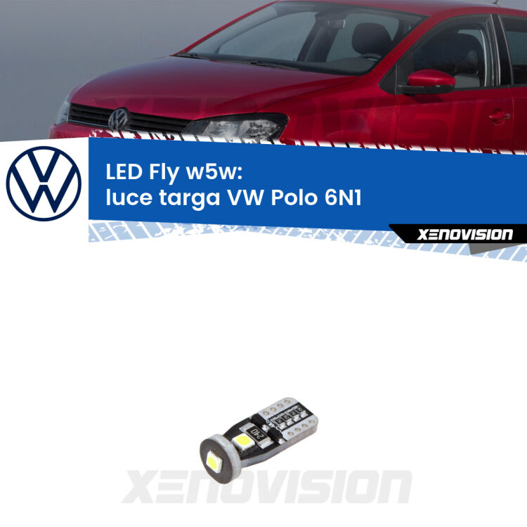 <strong>luce targa LED per VW Polo</strong> 6N1 1994 - 1998. Coppia lampadine <strong>w5w</strong> Canbus compatte modello Fly Xenovision.