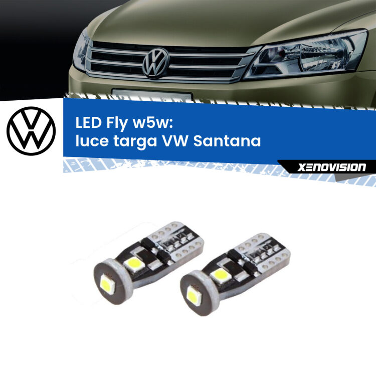 0 Luce Targa LED VW Santana 1995 - 2012: W5W Fly <strong>luce targa LED per VW Santana</strong> 1995 - 2012. Coppia lampadine <strong>w5w</strong> Canbus compatte modello Fly Xenovision.