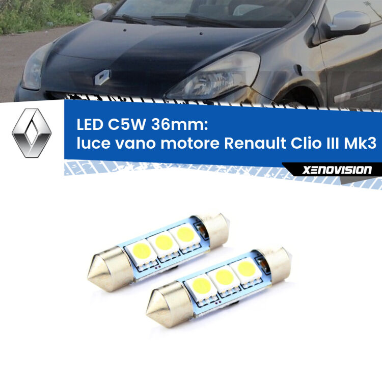 Luce Vano Motore LED c5w 36mm Renault Clio III  2005 - 2011 (Coppia) <strong>Luce Vano Motore LED per Renault Clio III</strong>  2005 - 2011. Coppia lampade <strong>C5W</strong> 36mm estremamente longeve.