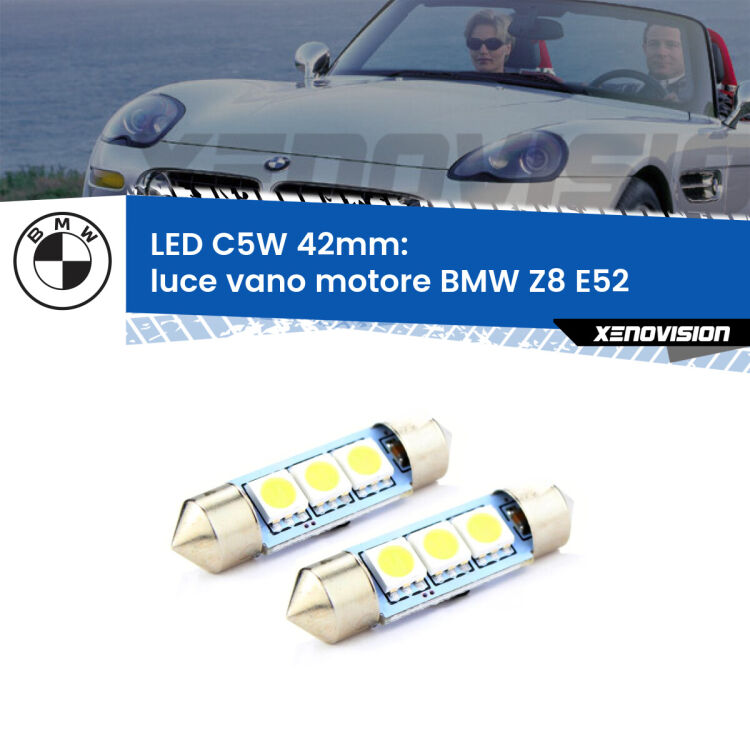 Luce Vano Motore LED c5w 41mm BMW Z8 E52 2000 - 2003 (Coppia) <strong>Luce Vano Motore LED per BMW Z8</strong> E52 2000 - 2003. Coppia lampade <strong>C5W</strong> 41mm estremamente longeve.