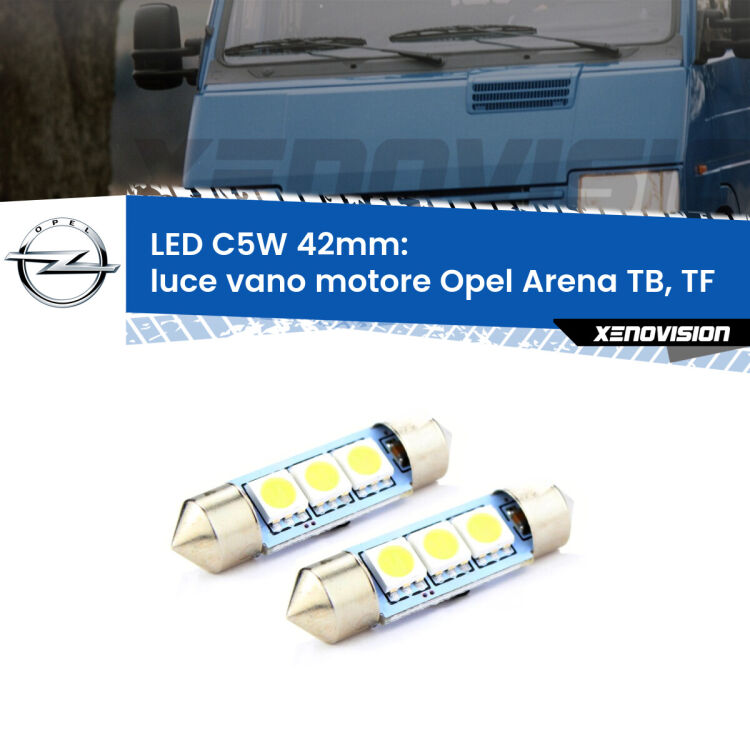 Luce Vano Motore LED c5w 41mm Opel Arena TB, TF 1998 - 2001 (Coppia) <strong>Luce Vano Motore LED per Opel Arena</strong> TB, TF 1998 - 2001. Coppia lampade <strong>C5W</strong> 41mm estremamente longeve.
