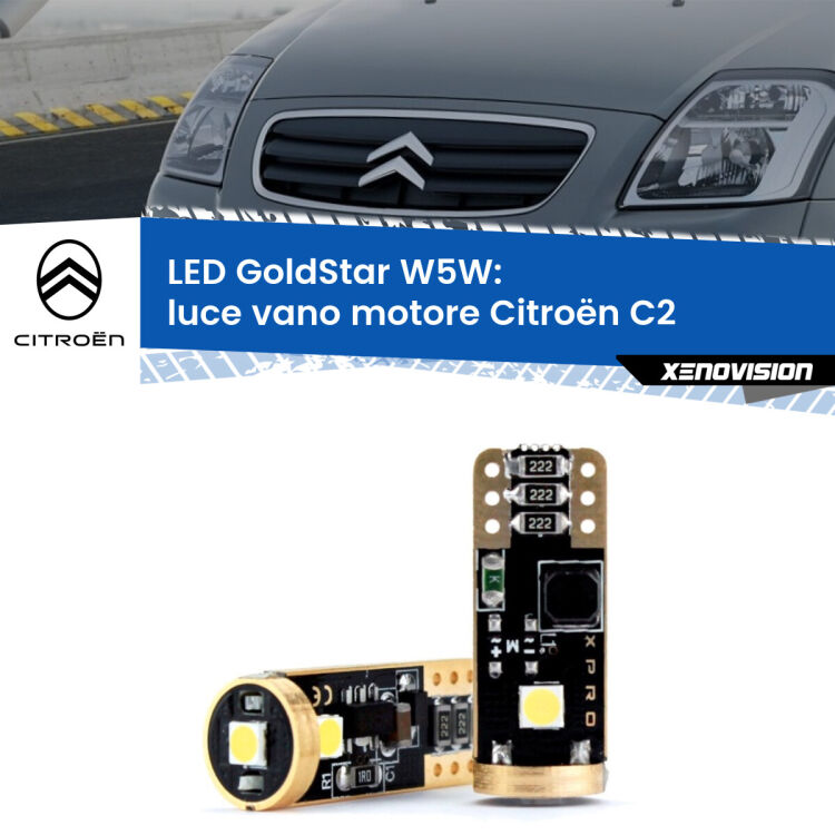0 Luce Vano Motore LED Citroën C2 2003 - 2009: T10 GoldStar <strong>Luce Vano Motore LED Citroën C2</strong> 2003 - 2009: ottima luminosità a 360 gradi. Si inseriscono ovunque. Canbus, Top Quality.
