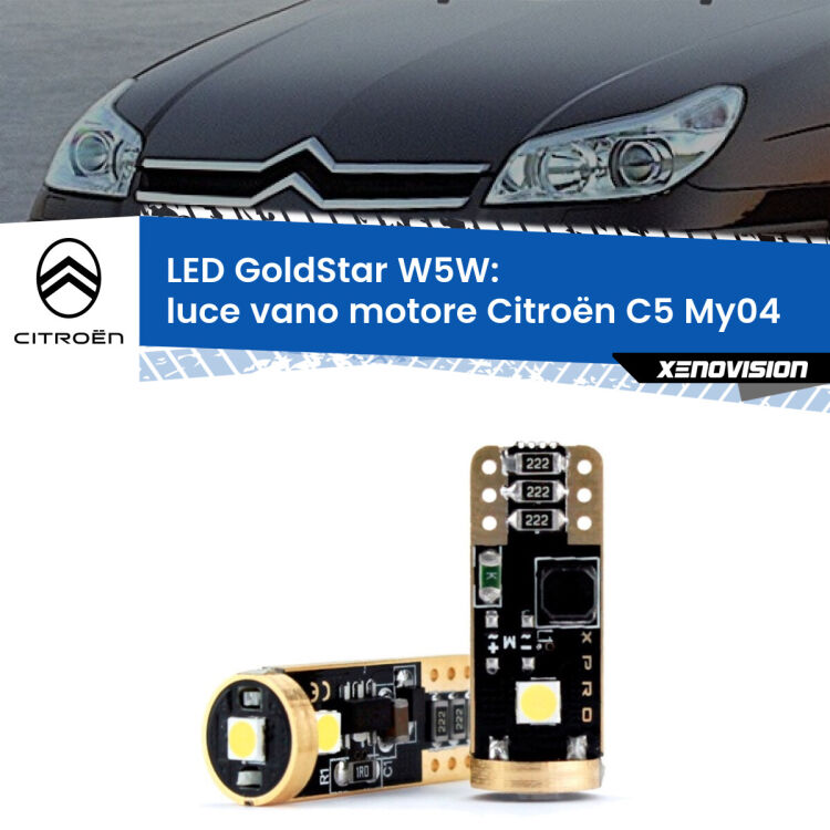Luce Vano Motore LED Citroën C5 My04 2004 - 2008: T10 GoldStar <strong>Luce Vano Motore LED Citroën C5</strong> My04 2004 - 2008: ottima luminosità a 360 gradi. Si inseriscono ovunque. Canbus, Top Quality.