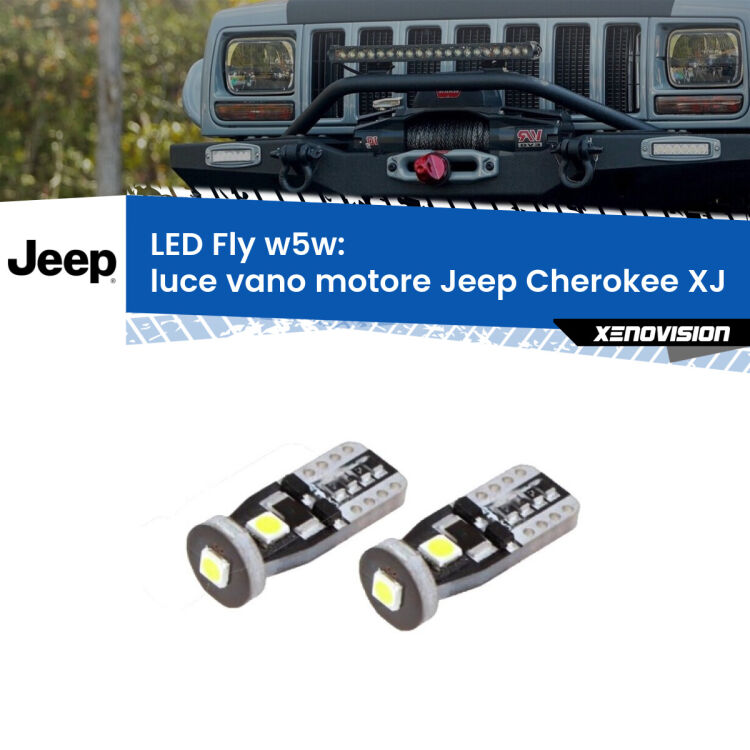 0 Luce Vano Motore LED Jeep Cherokee XJ 1984 - 2001: W5W Fly <strong>luce vano motore LED per Jeep Cherokee</strong> XJ 1984 - 2001. Coppia lampadine <strong>w5w</strong> Canbus compatte modello Fly Xenovision.