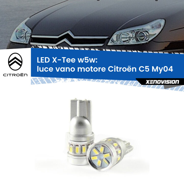 Luce Vano Motore LED per Citroën C5 My04 2004 - 2008: W5W X-Tee <strong>LED luce vano motore per Citroën C5</strong> My04 2004 - 2008. Lampade <strong>W5W</strong> modello X-Tee Xenovision top di gamma.