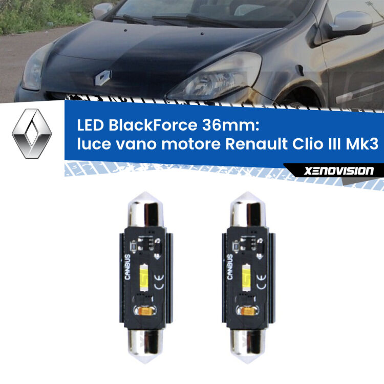 Luce Vano Motore LED per Renault Clio III  2005 - 2011: C5W BlackForce 36mm (Coppia) <strong>Luce Vano Motore LED per Renault Clio III</strong>  2005 - 2011. Coppia lampade <strong>C5W</strong> 36mm modello BlackForce canbus.