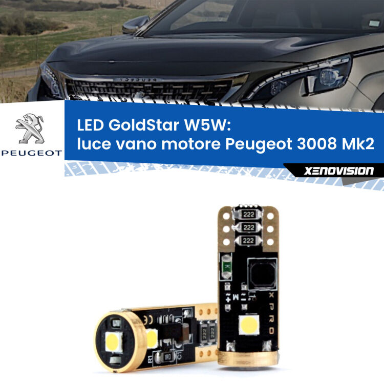 Luce Vano Motore LED Peugeot 3008 Mk2 2016 in poi: T10 GoldStar <strong>Luce Vano Motore LED Peugeot 3008</strong> Mk2 2016 in poi: ottima luminosità a 360 gradi. Si inseriscono ovunque. Canbus, Top Quality.