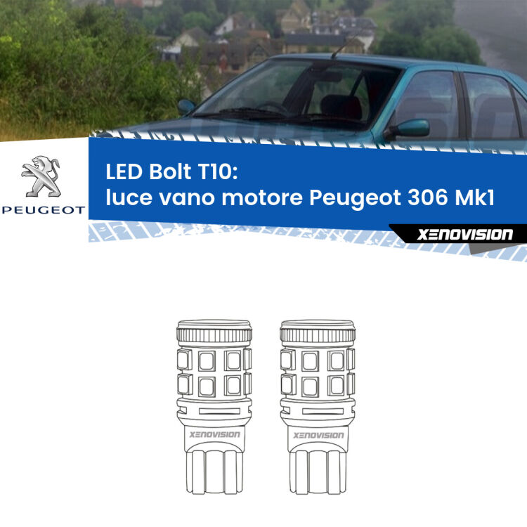 0 Luce Vano Motore LED Peugeot 306 Mk1 1993 - 2001: T10 Bolt <strong>Luce Vano Motore LED per Peugeot 306</strong> Mk1 1993 - 2001. Coppia lampade <strong>T10</strong> modello Bolt canbus.