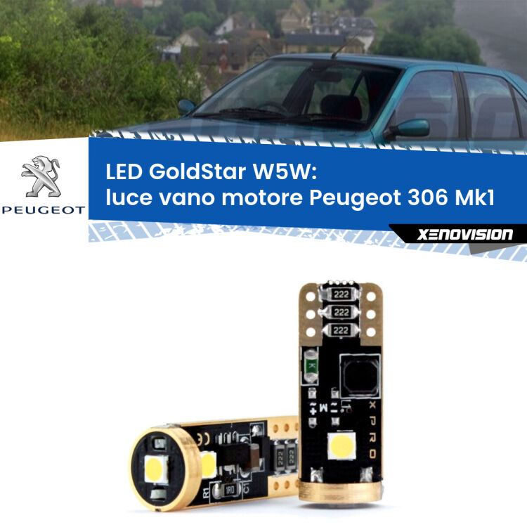 Luce Vano Motore LED Peugeot 306 Mk1 1993 - 2001: T10 GoldStar <strong>Luce Vano Motore LED Peugeot 306</strong> Mk1 1993 - 2001: ottima luminosità a 360 gradi. Si inseriscono ovunque. Canbus, Top Quality.