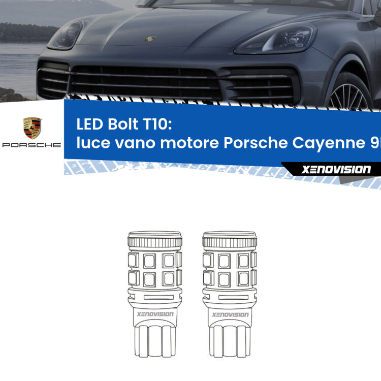 Luce Vano Motore LED Porsche Cayenne 9PA 2002 - 2010: T10 Bolt <strong>Luce Vano Motore LED per Porsche Cayenne</strong> 9PA 2002 - 2010. Coppia lampade <strong>T10</strong> modello Bolt canbus.