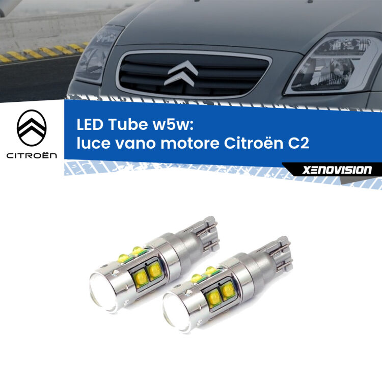 Luce Vano Motore LED W5W Citroën C2 2003 - 2009 W5W Tube <strong>Luce Vano Motore LED 6000k per Citroën C2</strong> 2003 - 2009. Lampadine <strong>W5W</strong> canbus modello Tube, luce bianco lunare, lunga durata e compatibilità.