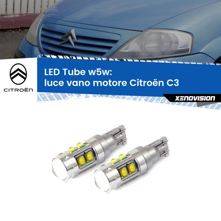 Luce Vano Motore LED W5W Citroën C3 2002 - 2009 W5W Tube <strong>Luce Vano Motore LED 6000k per Citroën C3</strong> 2002 - 2009. Lampadine <strong>W5W</strong> canbus modello Tube, luce bianco lunare, lunga durata e compatibilità.