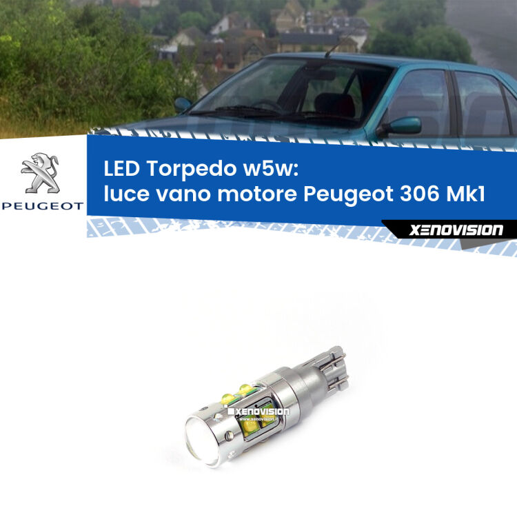 <strong>Luce Vano Motore LED 6000k per Peugeot 306</strong> Mk1 1993 - 2001. Lampadine <strong>W5W</strong> canbus modello Torpedo.