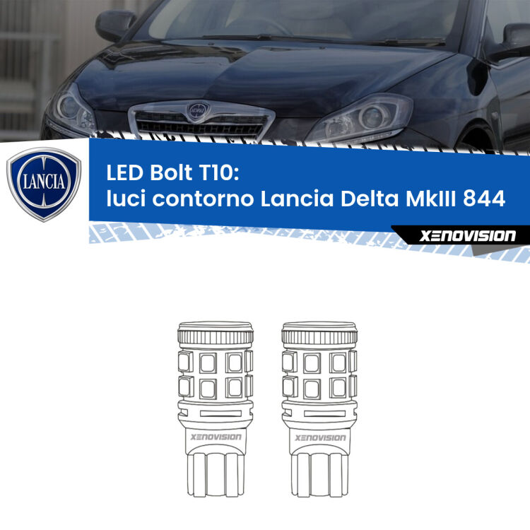 0 Luci Contorno LED Lancia Delta MkIII 844 2008 - 2014: T10 Bolt <strong>Luci Contorno LED per Lancia Delta MkIII</strong> 844 2008 - 2014. Coppia lampade <strong>T10</strong> modello Bolt canbus.