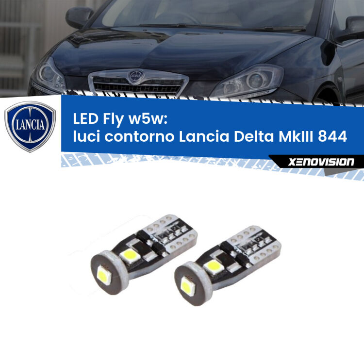 0 Luci Contorno LED Lancia Delta MkIII 844 2008 - 2014: W5W Fly <strong>luci contorno LED per Lancia Delta MkIII</strong> 844 2008 - 2014. Coppia lampadine <strong>w5w</strong> Canbus compatte modello Fly Xenovision.