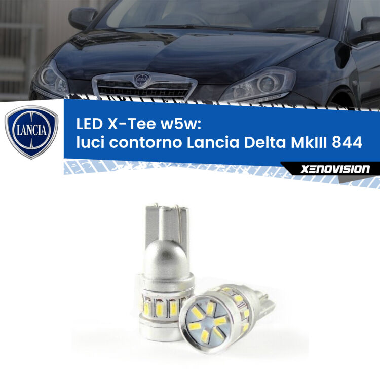 0 Luci Contorno LED per Lancia Delta MkIII 844 2008 - 2014: W5W X-Tee <strong>LED luci contorno per Lancia Delta MkIII</strong> 844 2008 - 2014. Lampade <strong>W5W</strong> modello X-Tee Xenovision top di gamma.