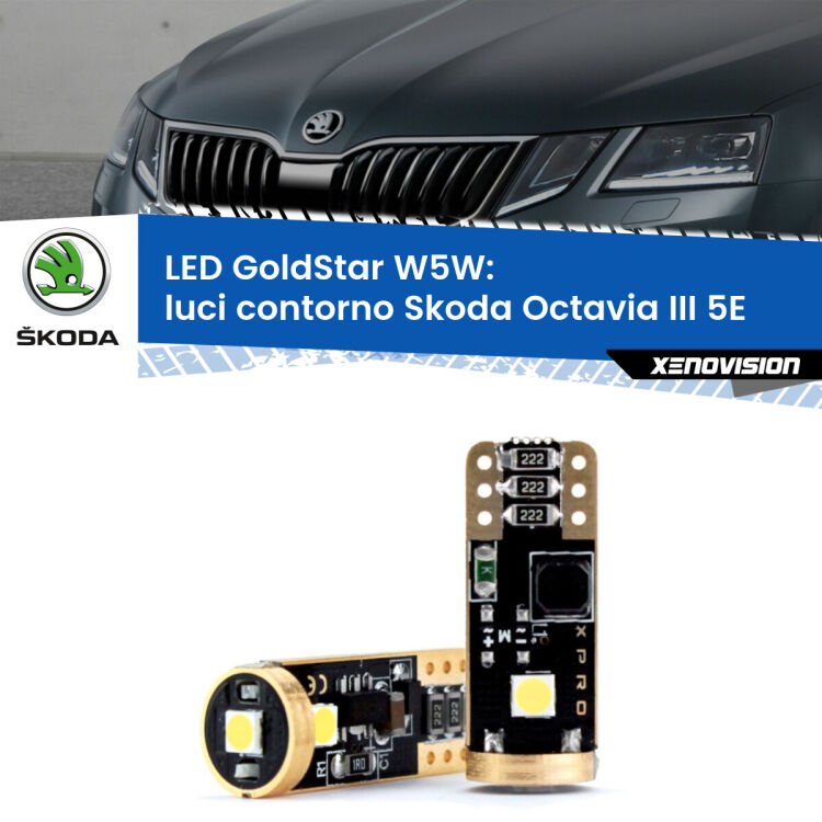 0 Luci Contorno LED Skoda Octavia III 5E 2012 - 2018: T10 GoldStar <strong>Luci Contorno LED Skoda Octavia III</strong> 5E 2012 - 2018: ottima luminosità a 360 gradi. Si inseriscono ovunque. Canbus, Top Quality.