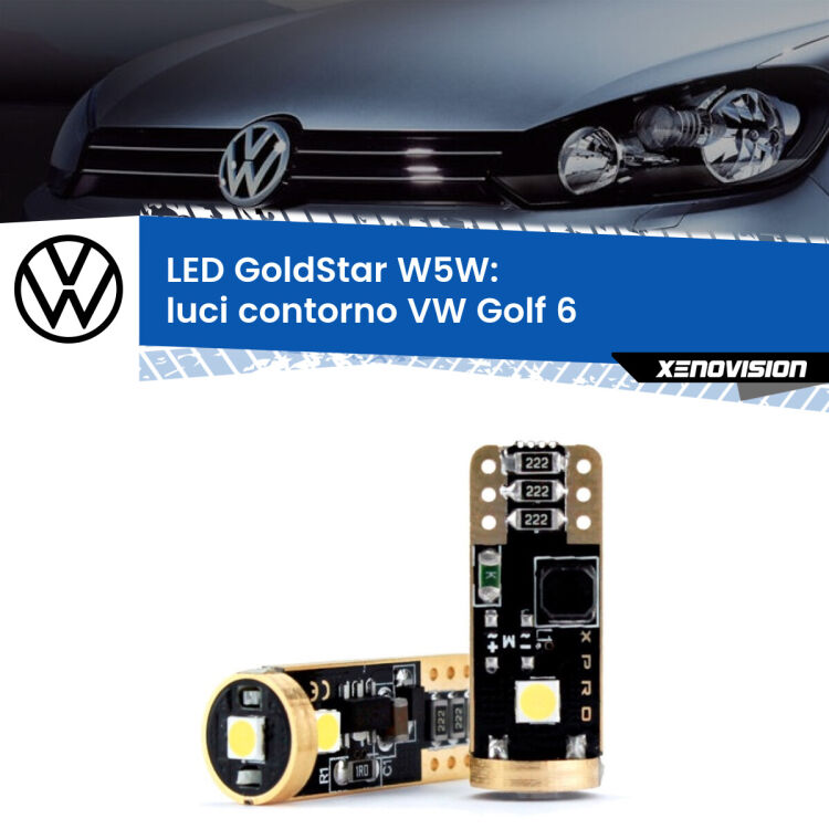 0 Luci Contorno LED VW Golf 6 2008 - 2011: T10 GoldStar <strong>Luci Contorno LED VW Golf 6</strong> 2008 - 2011: ottima luminosità a 360 gradi. Si inseriscono ovunque. Canbus, Top Quality.
