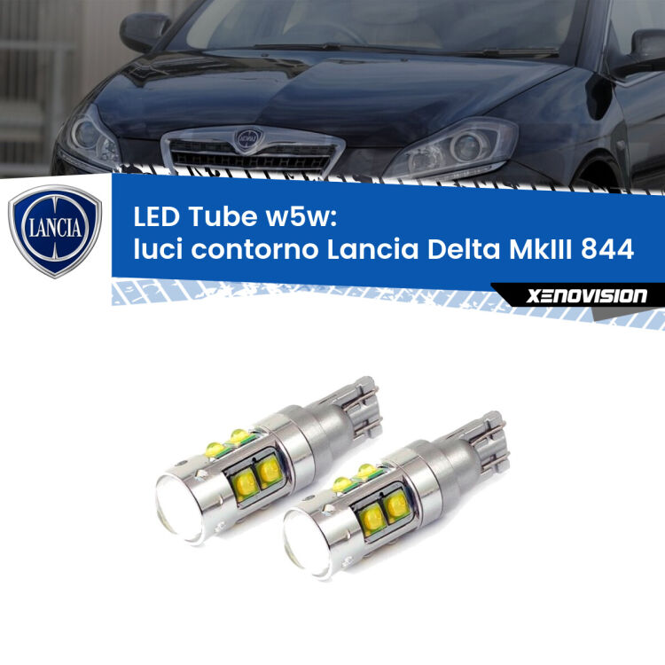 0 Luci Contorno LED W5W Lancia Delta MkIII 844 2008 - 2014 W5W Tube <strong>Luci Contorno LED 6000k per Lancia Delta MkIII</strong> 844 2008 - 2014. Lampadine <strong>W5W</strong> canbus modello Tube, luce bianco lunare, lunga durata e compatibilità.