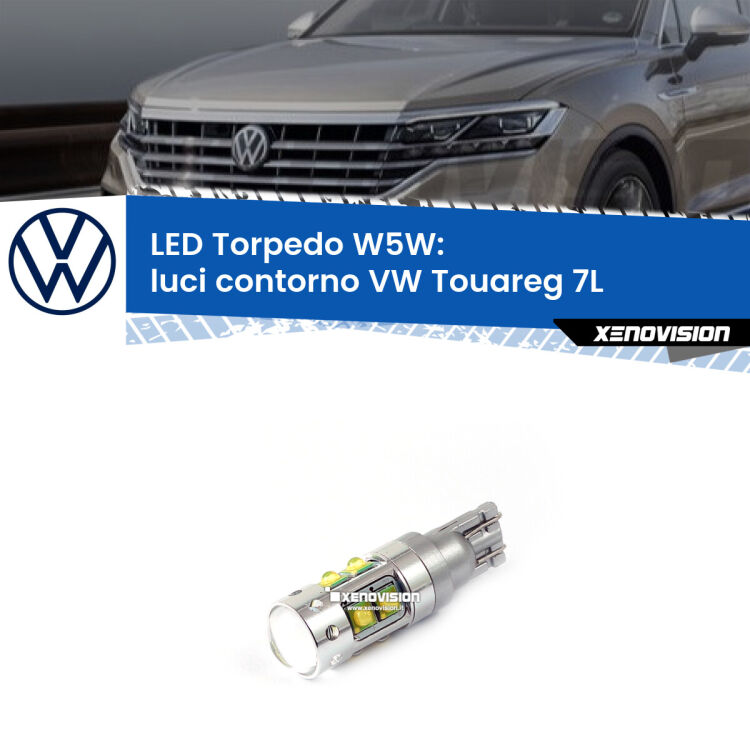 <strong>Luci Contorno LED 6000k per VW Touareg</strong> 7L 2002 - 2010. Lampadine <strong>W5W</strong> canbus modello Torpedo.