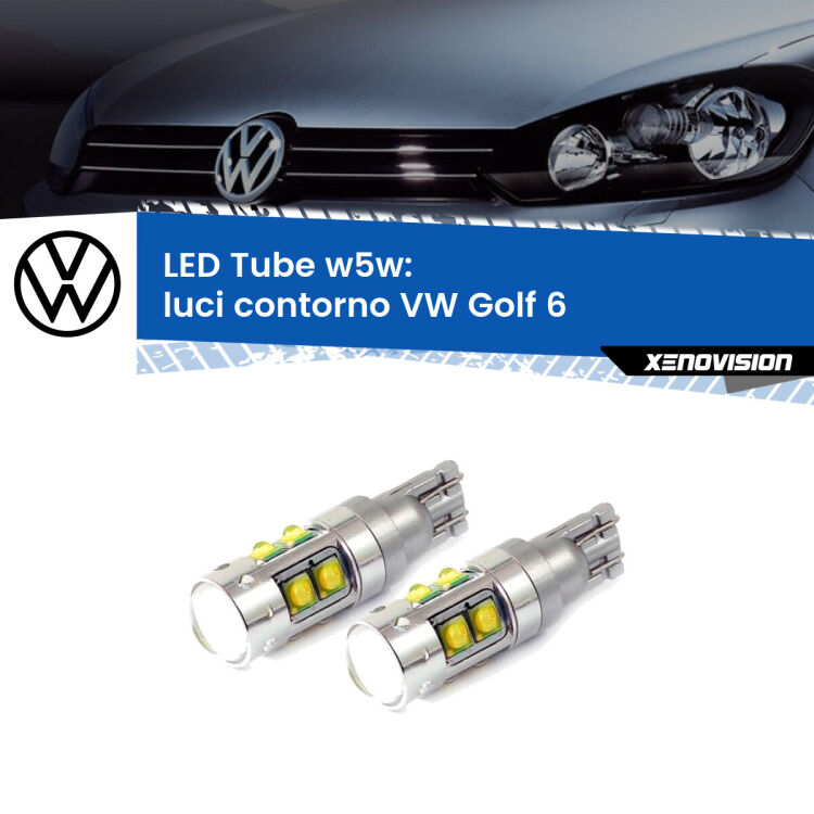0 Luci Contorno LED W5W VW Golf 6 2008 - 2011 W5W Tube <strong>Luci Contorno LED 6000k per VW Golf 6</strong> 2008 - 2011. Lampadine <strong>W5W</strong> canbus modello Tube, luce bianco lunare, lunga durata e compatibilità.
