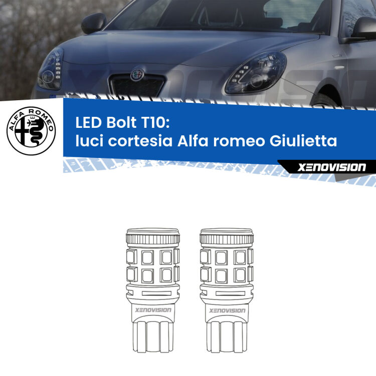 0 Luci Cortesia LED Alfa romeo Giulietta Anteriori: T10 Bolt <strong>Luci Cortesia LED per Alfa romeo Giulietta</strong> Anteriori. Coppia lampade <strong>T10</strong> modello Bolt canbus.