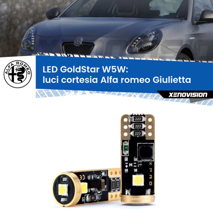 Luci Cortesia LED Alfa romeo Giulietta  Anteriori: T10 GoldStar <strong>Luci Cortesia LED Alfa romeo Giulietta</strong>  Anteriori: ottima luminosità a 360 gradi. Si inseriscono ovunque. Canbus, Top Quality.