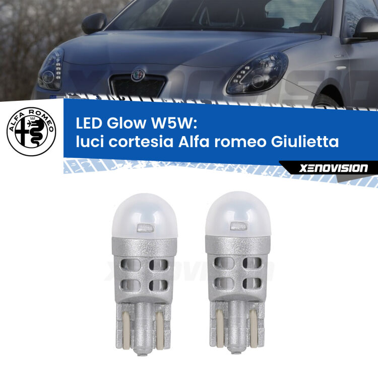 Luci Cortesia LED Alfa romeo Giulietta  Anteriori: W5W Glow a Luce Calda <strong>Luci Cortesia LED luce calda per Alfa romeo Giulietta</strong>  Anteriori. Coppia lampade <strong>W5W</strong> modello Glow di Xenovision.