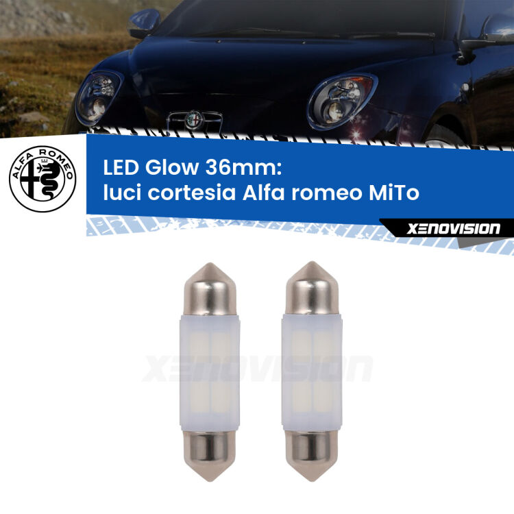 Luci Cortesia LED Alfa romeo MiTo  2008 - 2018: C5W Glow a Luce Calda (Coppia) <strong>Luci Cortesia LED luce calda per Alfa romeo MiTo</strong>  2008 - 2018. Coppia lampade <strong>C5W</strong> 36mm modello Glow di Xenovision.