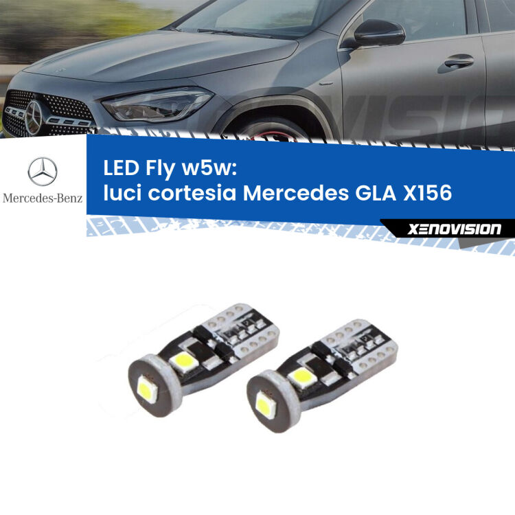 0 Luci Cortesia LED anteriori Mercedes GLA X156: W5W Fly <strong>luci cortesia LED per Mercedes GLA</strong> X156 anteriori. Coppia lampadine <strong>w5w</strong> Canbus compatte modello Fly Xenovision.