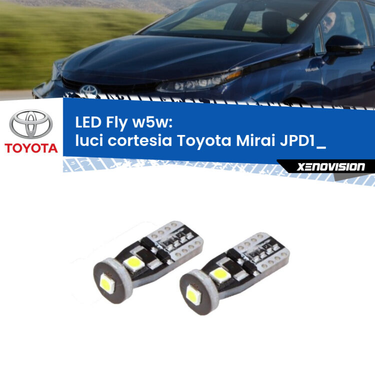 0 Luci Cortesia LED anteriori Toyota Mirai JPD1_: W5W Fly <strong>luci cortesia LED per Toyota Mirai</strong> JPD1_ anteriori. Coppia lampadine <strong>w5w</strong> Canbus compatte modello Fly Xenovision.