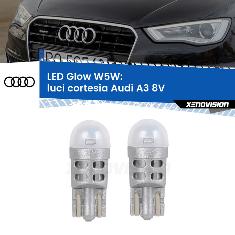 0 Luci Cortesia LED Audi A3 8V 2013 - 2020: W5W Glow a Luce Calda <strong>Luci Cortesia LED luce calda per Audi A3</strong> 8V 2013 - 2020. Coppia lampade <strong>W5W</strong> modello Glow di Xenovision.